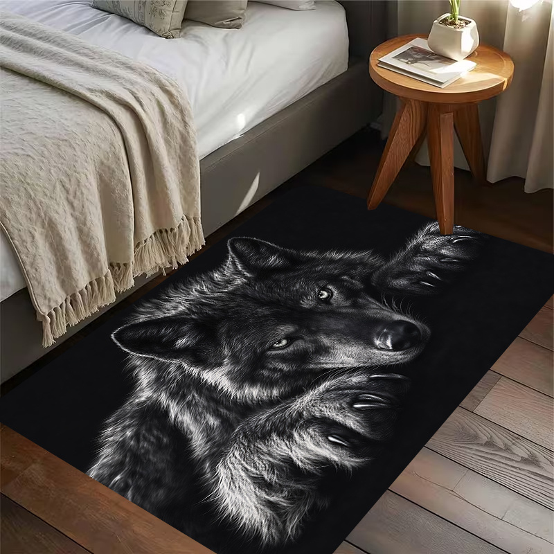 TEMU 1pc, 2d Flat Printing, Dark Double-headed Wolf Bedroom Bedside Mat, Non-slip Machine Washable Easy Clean Polyester Carpet, Suitable For Home And