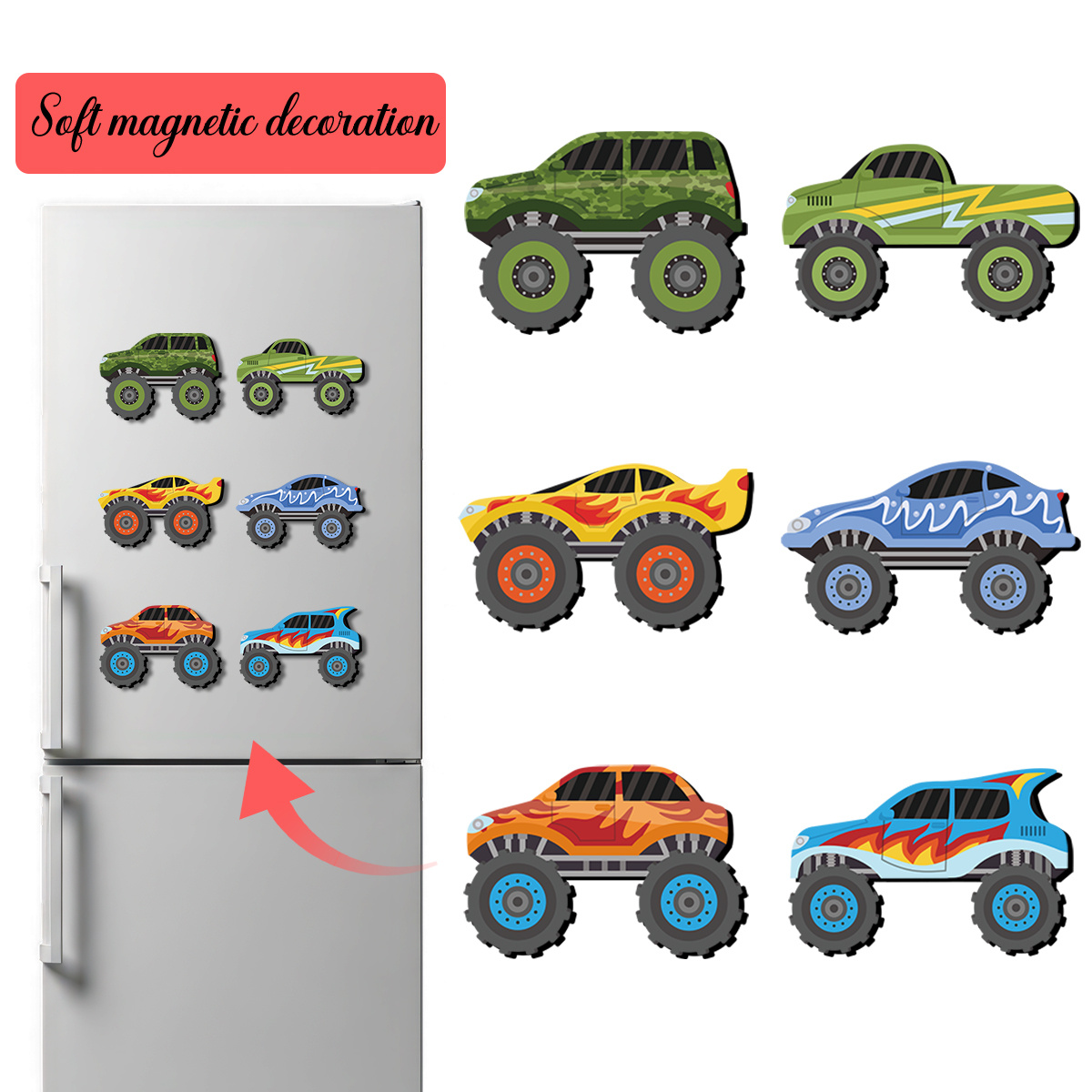 TEMU 6 pezzi Magneti da frigo Monster Truck adatti per lavagna , Magneti da frigo in plastica morbida con di veicoli con fiamma , Decorazione per ,