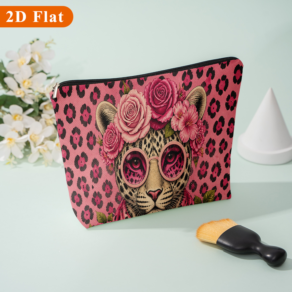 TEMU Women's Leopard Print Pink Cosmetic Bag Suitable For Travel, School, Dorm & Bridesmaid Gifts - Elegant With , Machine Washable Beauty Storage