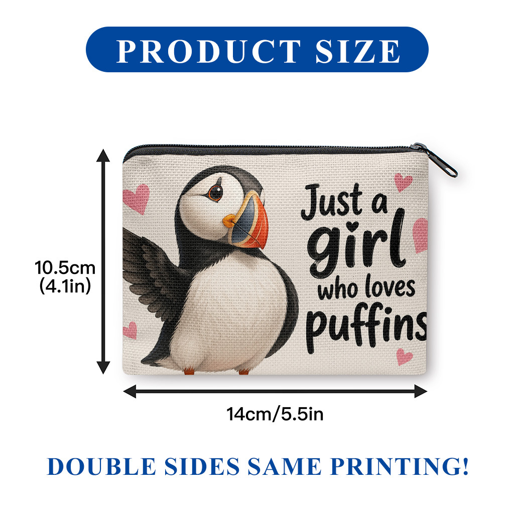 TEMU Porte-monnaie, adorable illustration de puffin, porte-monnaie imprimé double face, sac de rangement pour clés et pièces de monnaie, pochette