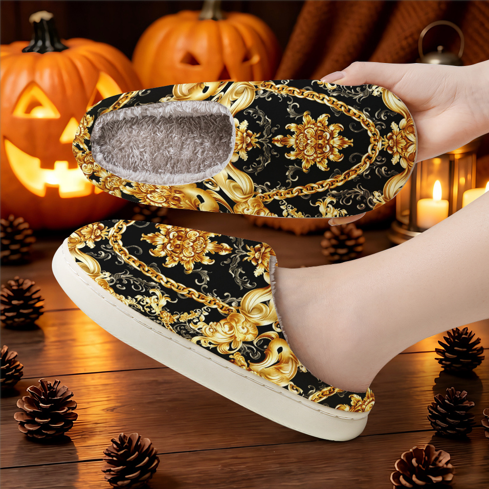 TEMU [printed Design - Not Textured] - Light Luxury High-end Feel With Metallic Gilded European Baroque Scrollwork Chain Print Fashion Home Slippers.