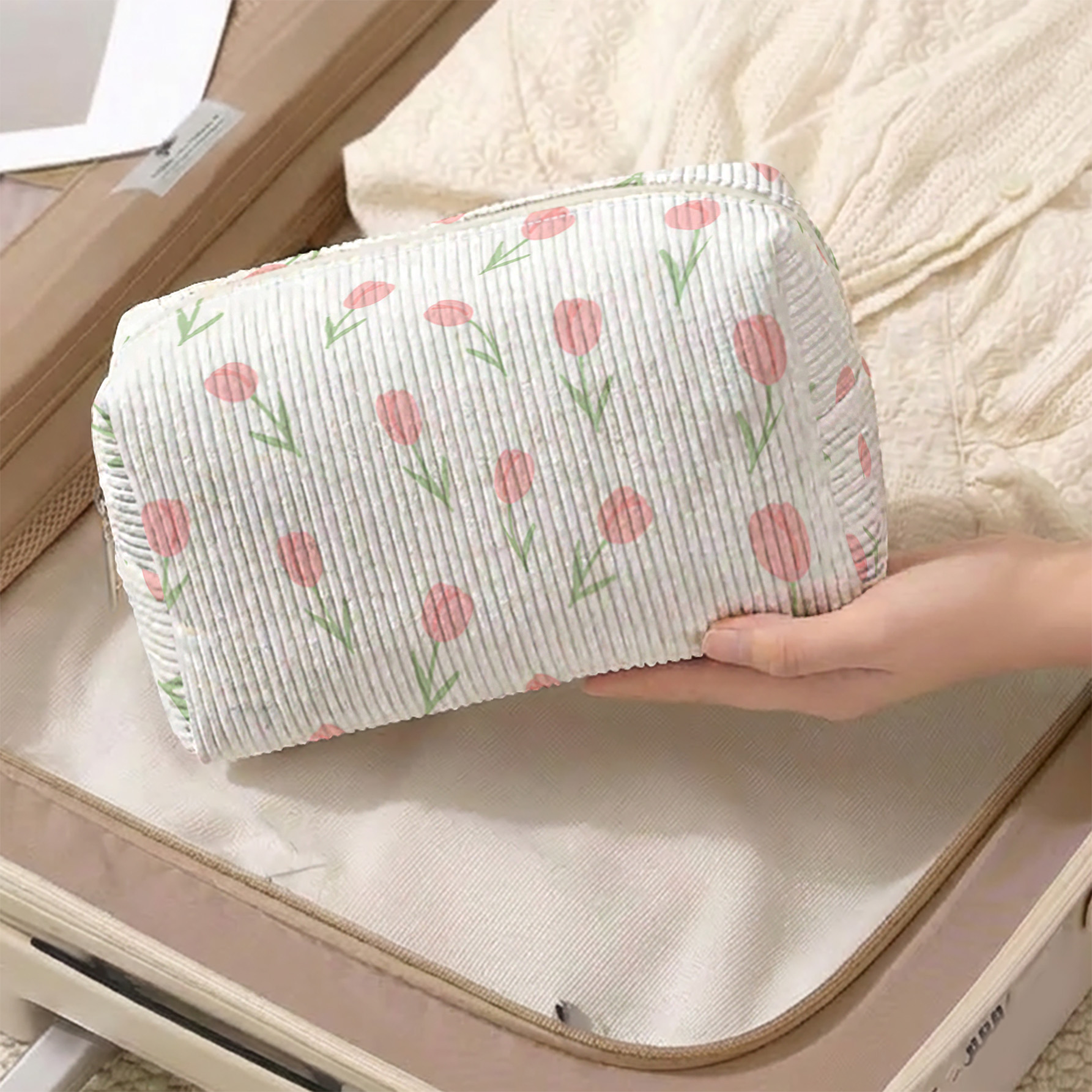 TEMU 1pc Makeup Bag, Fresh Hand-painted Pink Tulip 2d Printed Pattern, Lightweight Corduroy Material + Three-dimensional Capacity | Fits