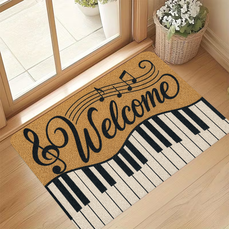 TEMU 1pc, 2d Flat Printing, "welcome" Piano Musical Notes Entrance Doormat, Non-slip Machine Washable Easy-to-clean Polyester Rug, Suitable For Home