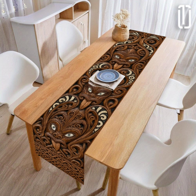 TEMU 1pc Maori Tribal Table Runner Suitable & Dining Room Decor - Traditional Maori Carved Patterns, Rectangular Runner With Cultural For