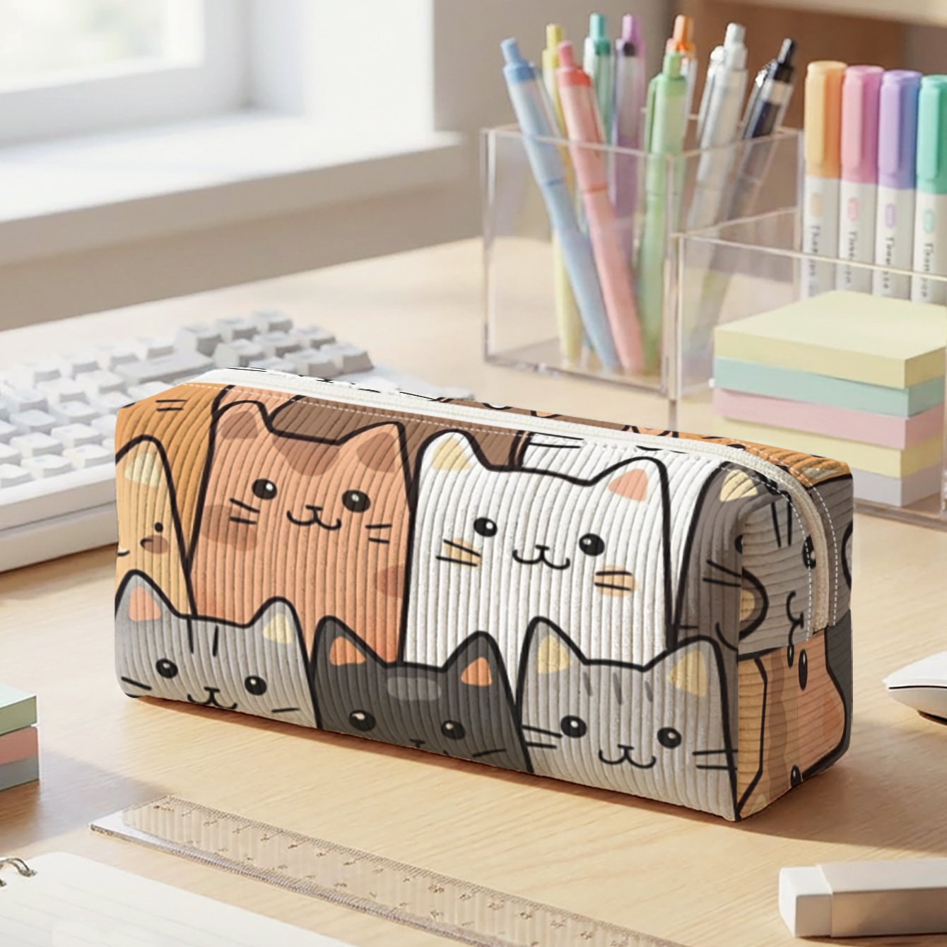 TEMU 1pc, Cat Pattern 2d Print, Corduroy Pencil Case, Smooth Zipper | To Messy Stationery And Easily Your Learning Supplies | Must-have For Students
