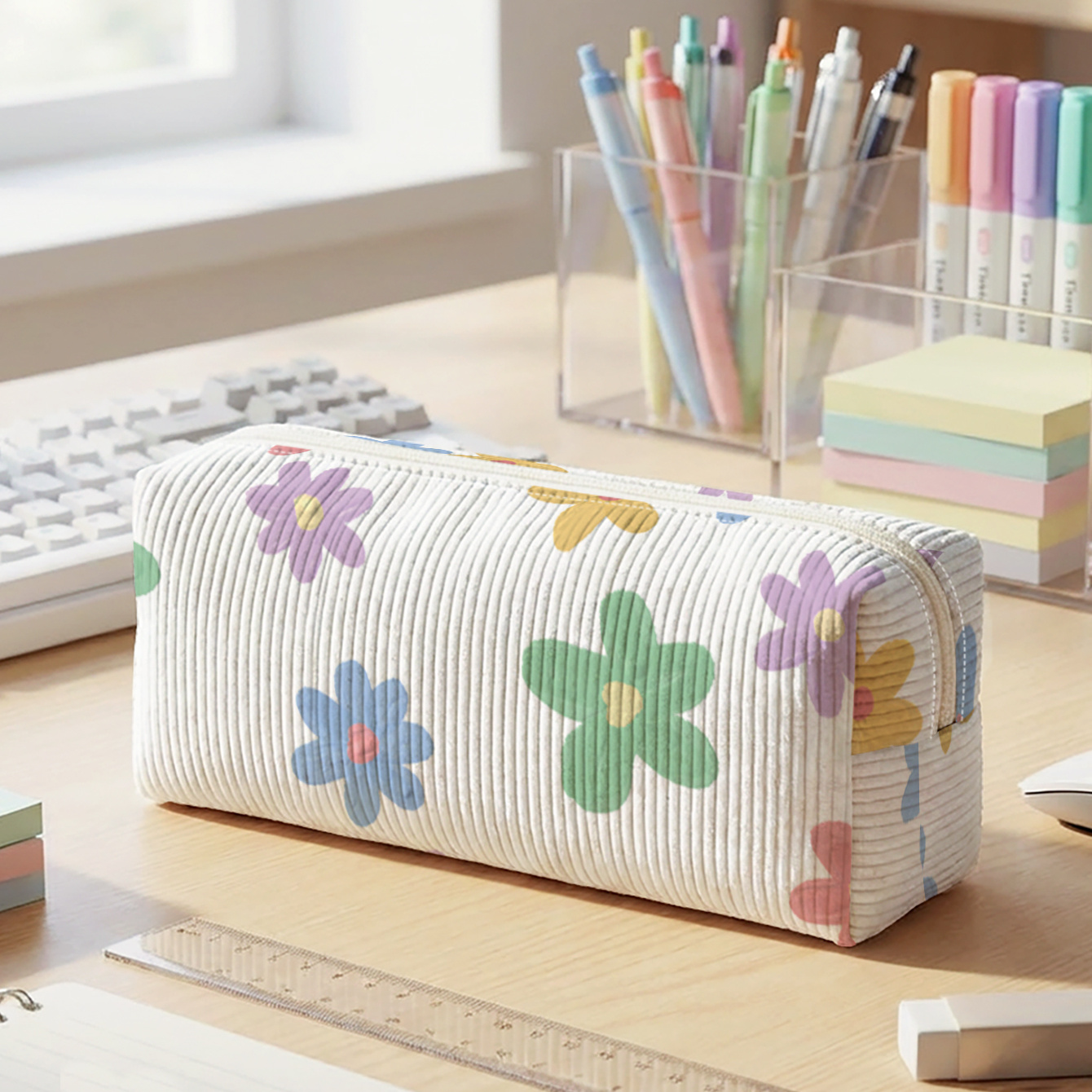 TEMU 1pc, Corduroy Pencil Case With 2d Printed Colorful Small -themed Pattern, Smooth Zipper | To Stationery Clutter, Easily School Supplies | A