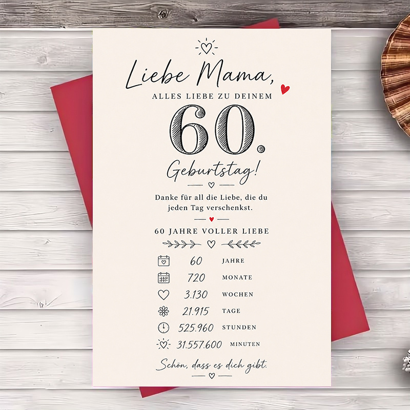 TEMU 1 Grußkarte + 1 Umschlag 60. Geburtstag Grußkarte für Mama Elegante flache Papierkarte für -Feier herzliche Wünsche für die Mutter an ihrem