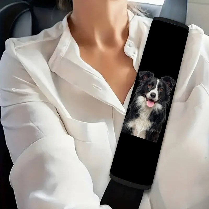 TEMU 1pc Smiling Black White Border Collie Print Car Seat Belt Cover, Dog Theme Style, Seat Belt Padding Straps For All Vehicles, Seat Belt Cover