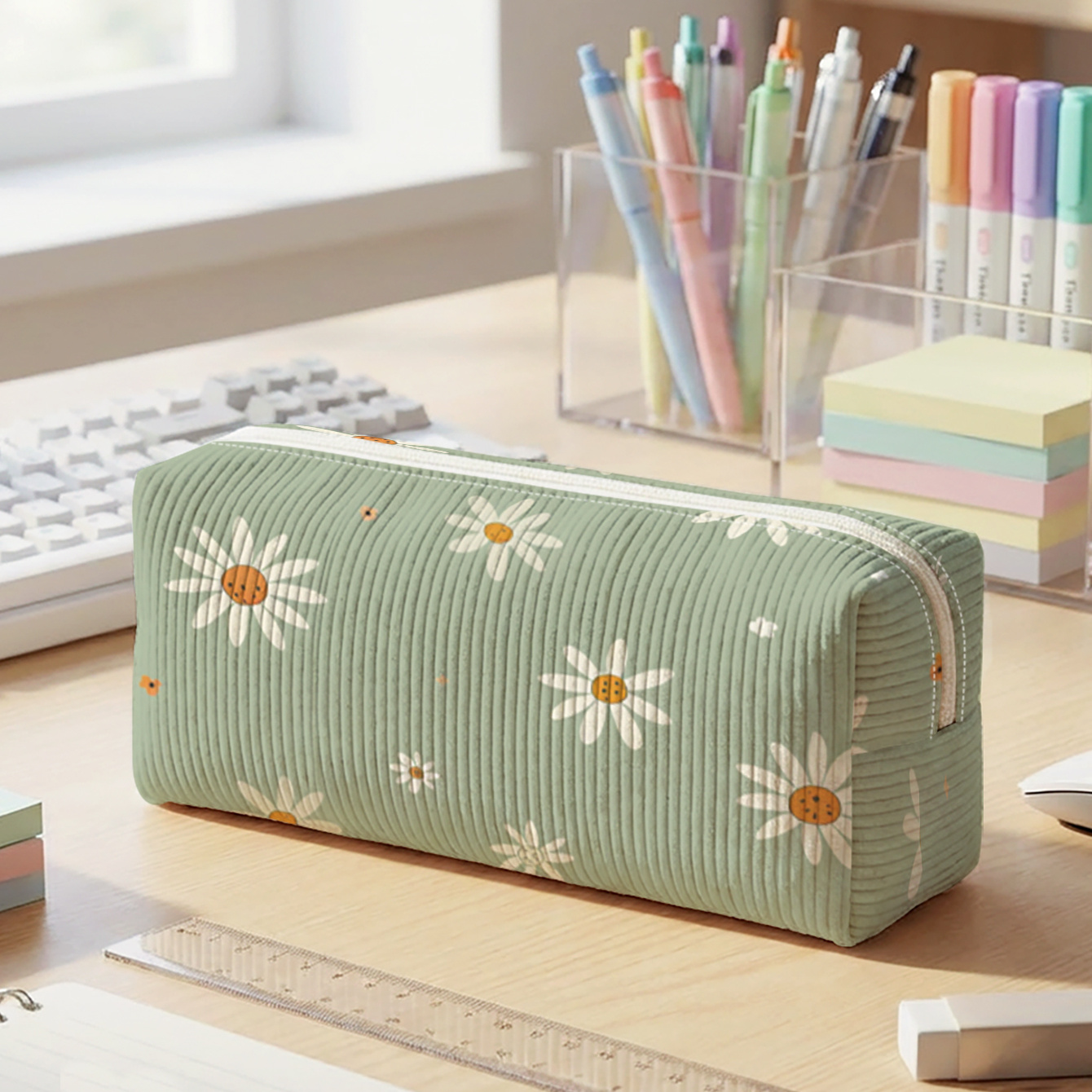 TEMU 1pc, Fresh And Versatile Small Daisy Pattern 2d Printed Corduroy Pencil Case, Smooth Zipper | To Stationery Clutter, Easily School Supplies | A