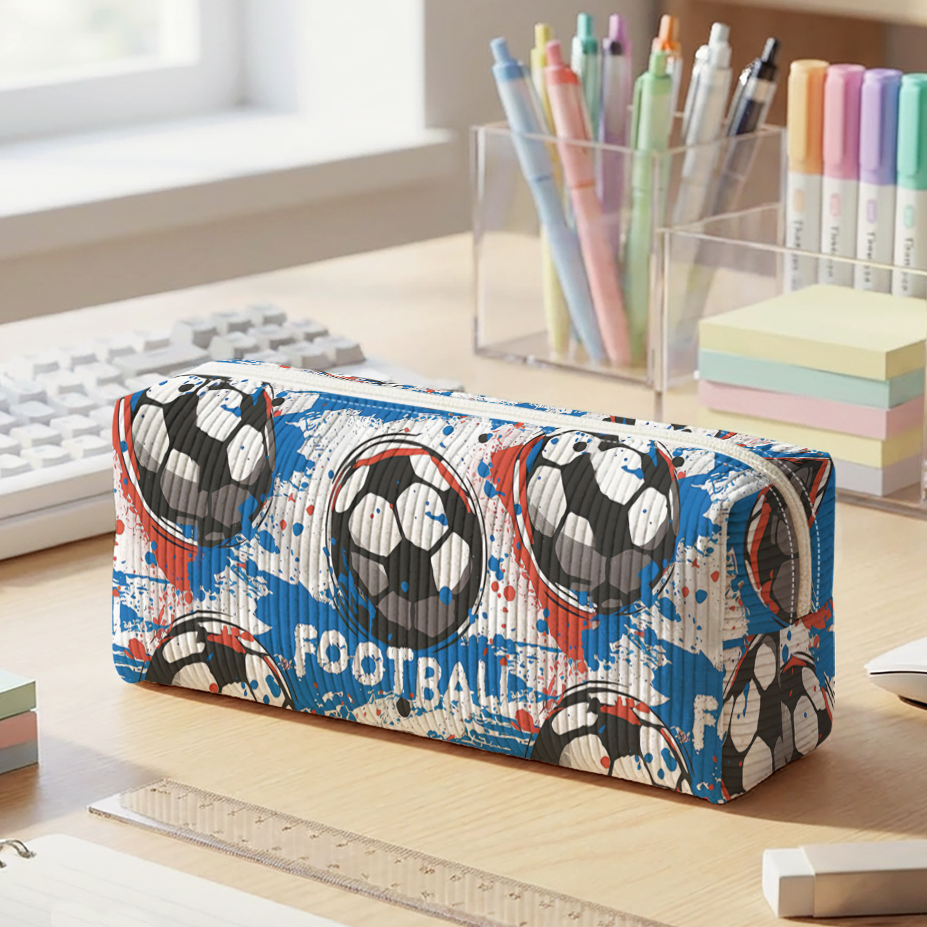 TEMU 1 pièce, Trousse en velours avec motif de ballon de foot imprimé en 2D, Fermeture éclair fluide | Dites au désordre de papeterie, Organisez
