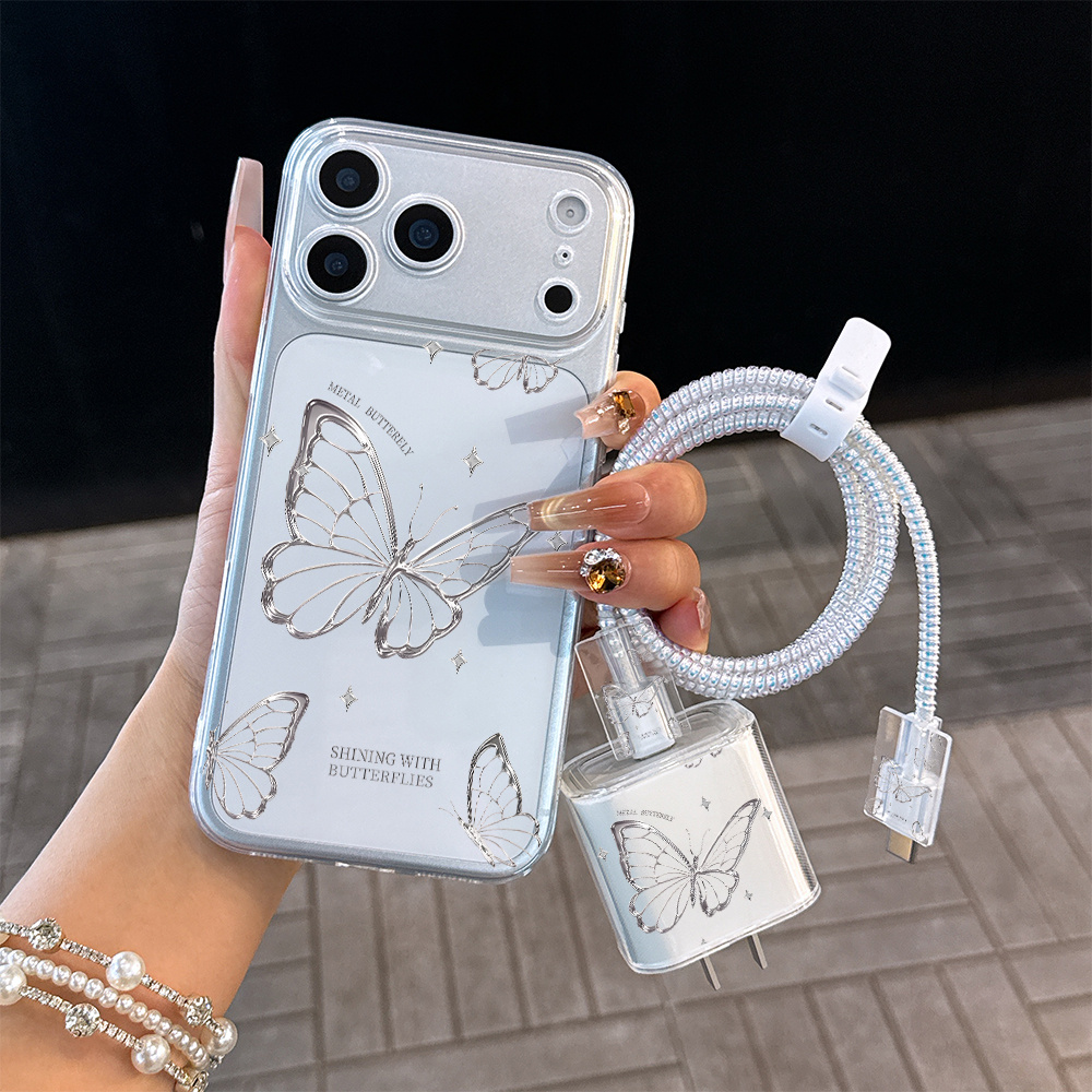 TEMU Phone Case: 6pcs Set Transparent Phone Case With Silvery Shiny Pattern, Charger Head Cover + Cable Protector + Storage Cord + Data Cable Winding