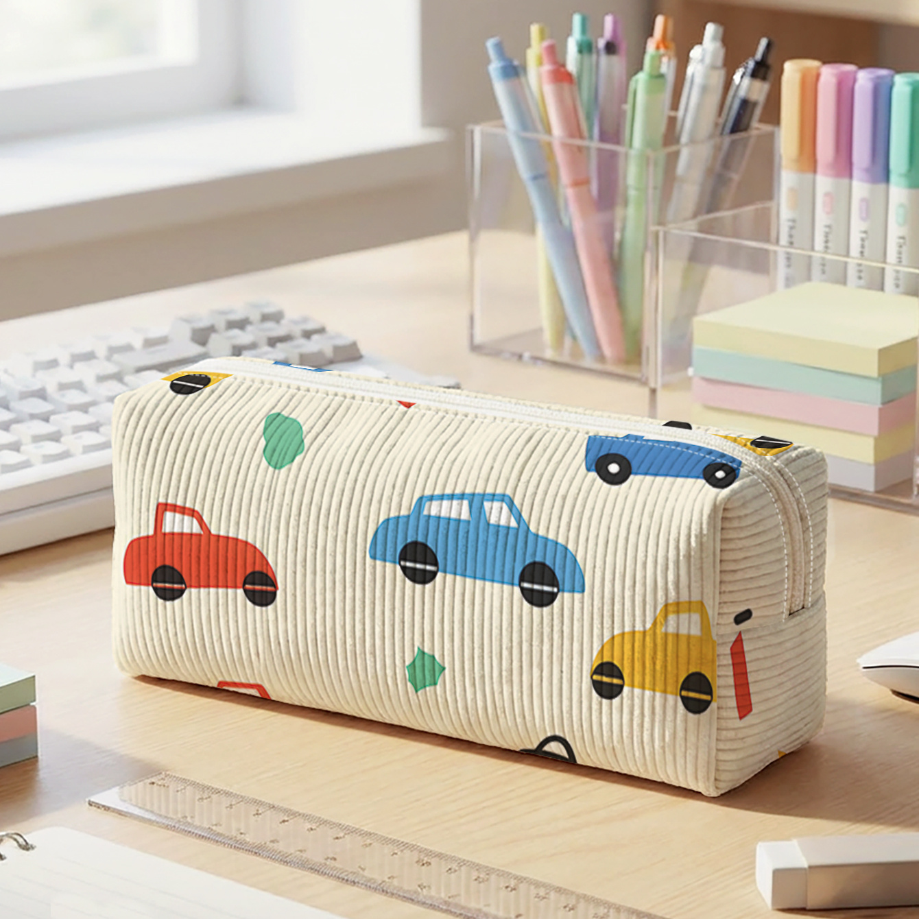 TEMU 1pc, Car-themed 2d Printed Corduroy Pencil Case, Smooth Zipper | To Messy Stationery, Easily Organize Supplies | A Must-have For Students