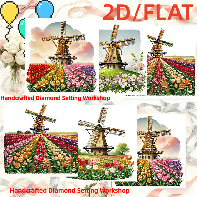 TEMU 6pcs & Tulip Diamond Painting Postcards - Handmade Mosaic Crystal Greeting Cards Suitable For Birthdays, Christmas, New Year Gifts, Dutch-themed