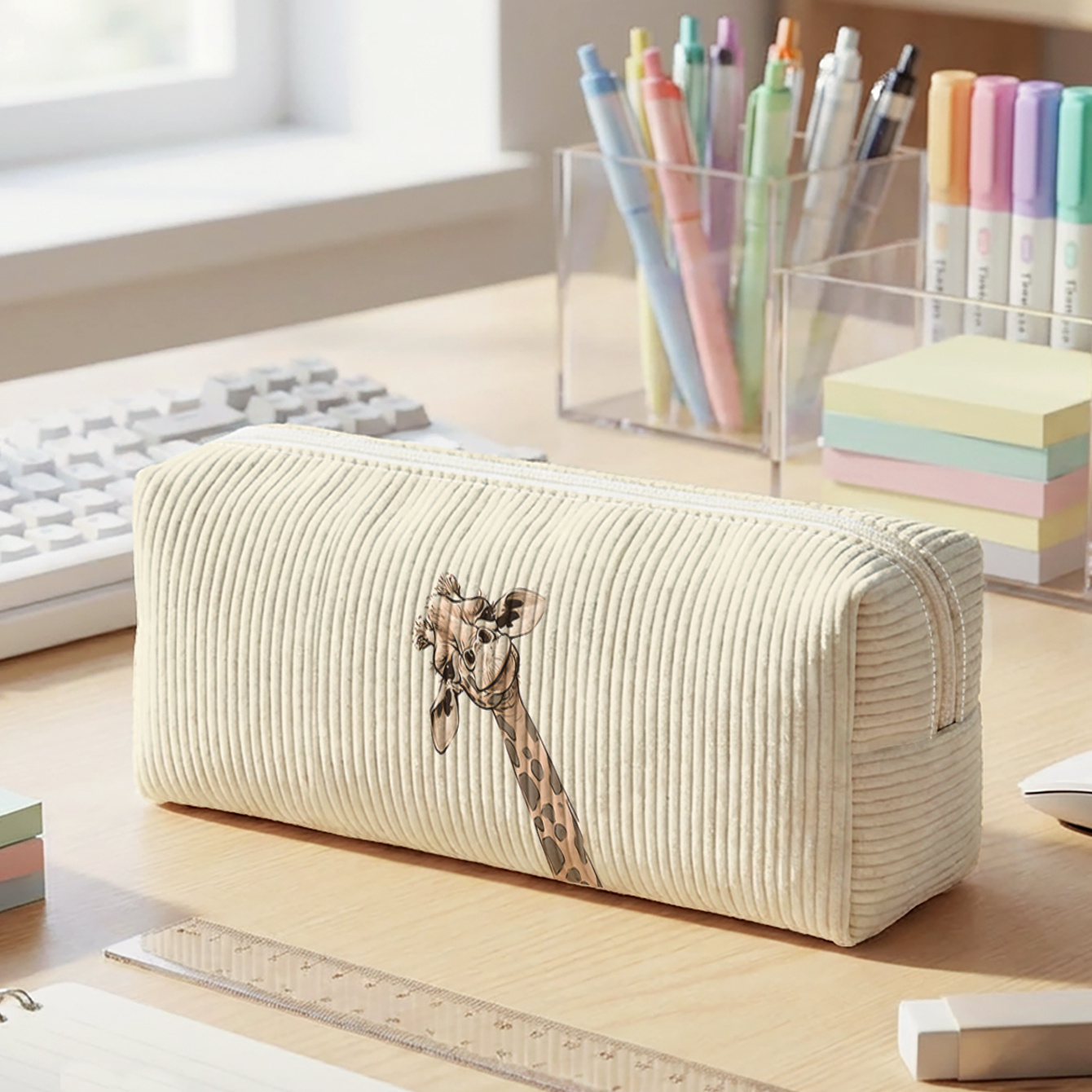 TEMU 1pc, Giraffe Pattern 2d Print, Corduroy Pencil Case, Smooth Zipper | To Cluttered Stationery, Effortlessly Organize Supplies | Must-have For
