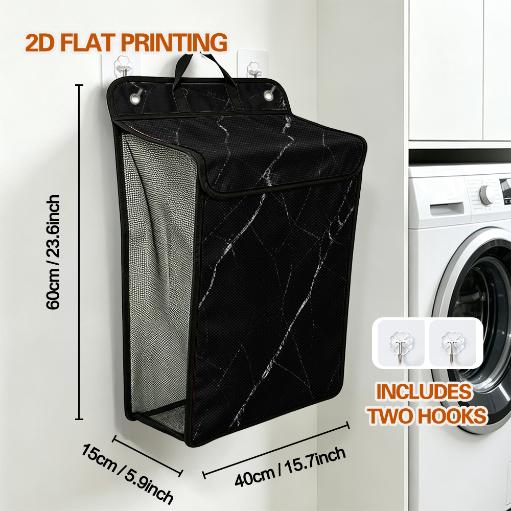 TEMU 2d Flat Printing, 1pc Wall-mounted Laundry Basket For Smart Space , Black Marble Veins Print Foldable Dirty Clothes Hamper, Large Capacity