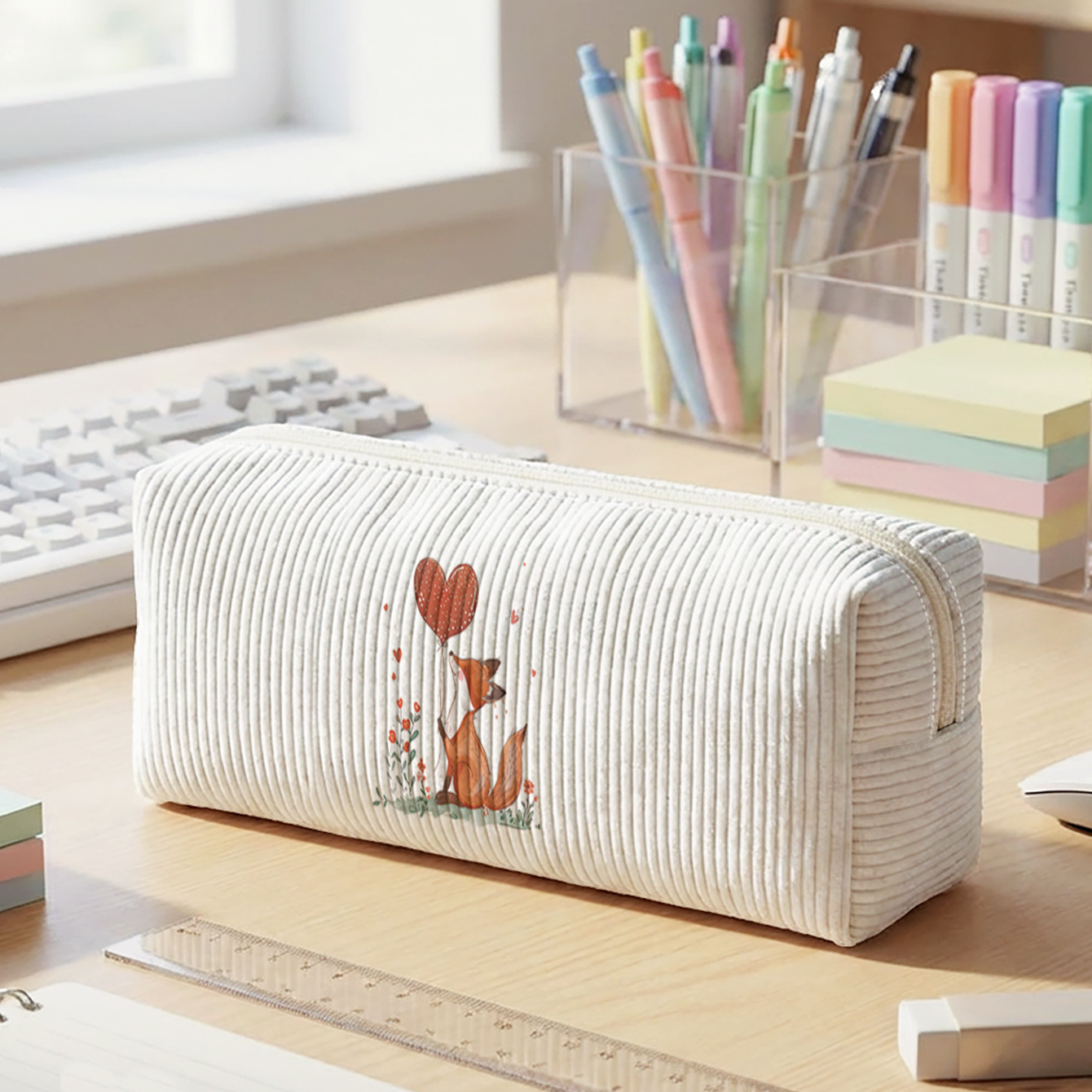 TEMU 1 pièce, Renard avec Cœur | Motif Imprimé 2D, Trousse à Crayons en Velours , Fermeture Éclair Lisse | Dites au Désordre de Papeterie, Rangez