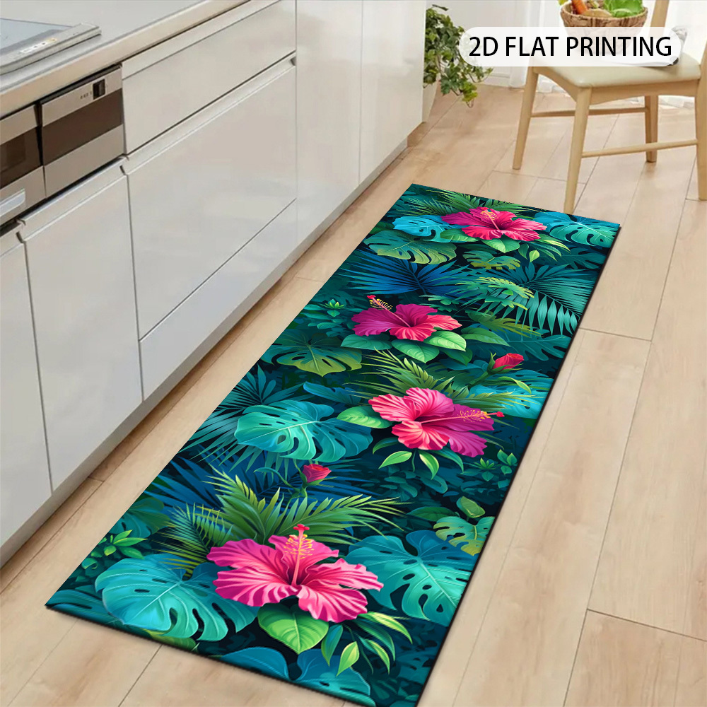 TEMU Tapis de couloir 1 pièce à motif de fleur d'hibiscus , convient pour couloir, chambre - Dos en PVC antidérapant, et lavable en machine avec