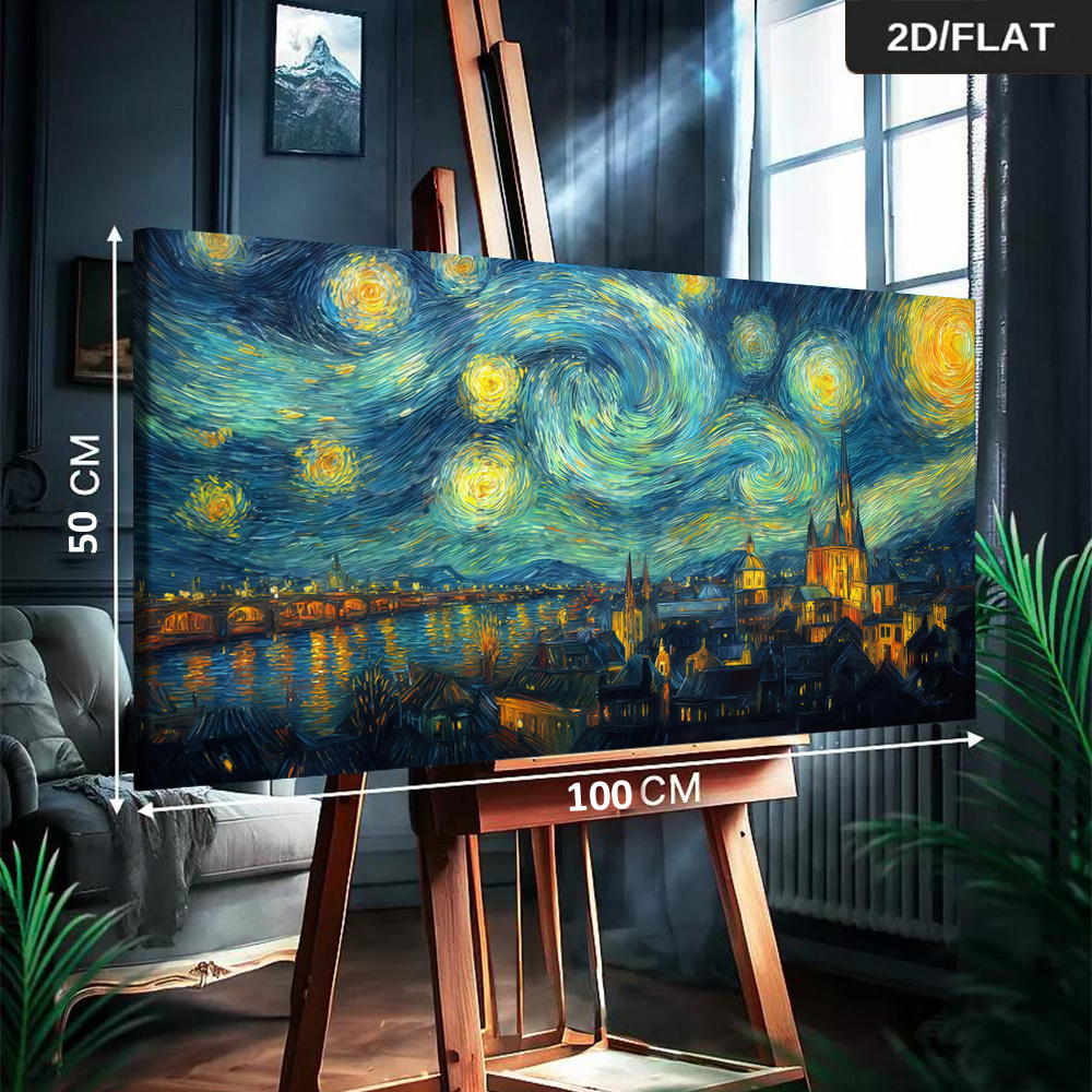 품목 사진 2d 플랫, 2d 플랫, 2d 플랫 1개 19.68 x 39.37in/50cm x 100cm 액자형 모던 반 고흐 스타일 별이 빛나는 밤 도시 풍경 강물 반사 캔버스 프린트 아트 캔버스 그림 거실용 모던 캔버스 포스터 벽 장식 거실 침실 장식 액자