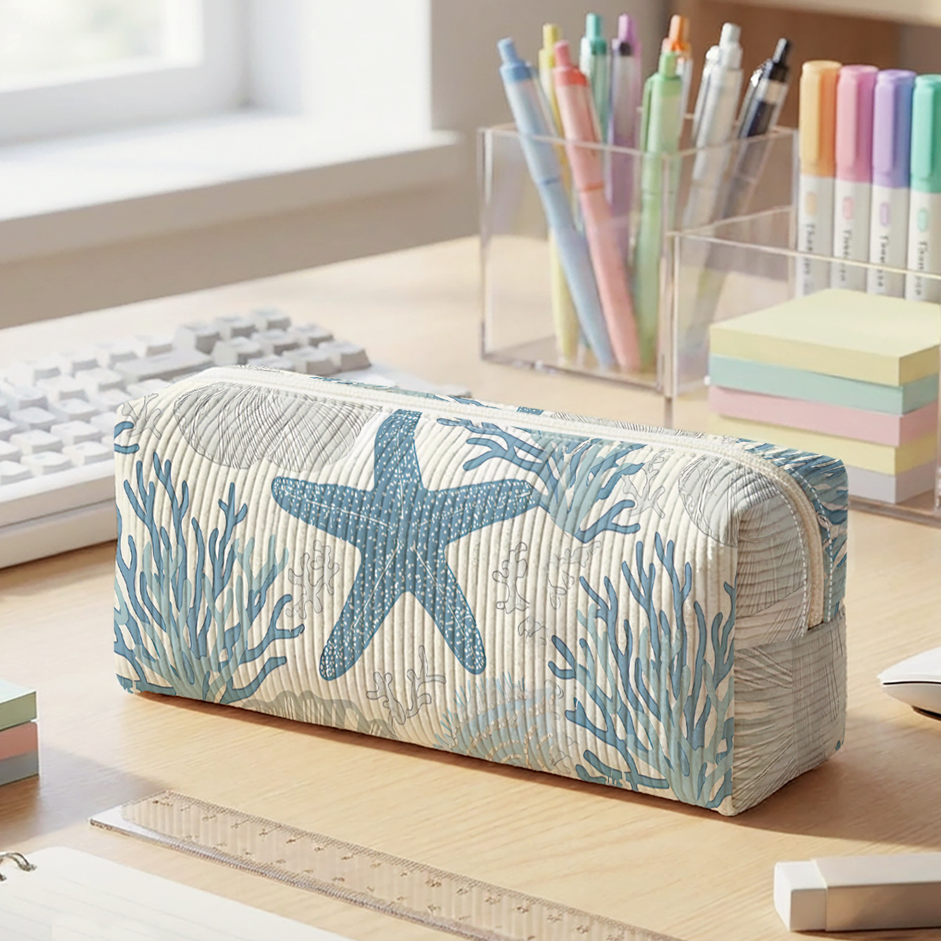 TEMU 1pc, Ocean Element Pattern 2d Print, Corduroy Pencil Case, Smooth Zipper | To Stationery Clutter And Easily Learning Supplies | A Must-have For