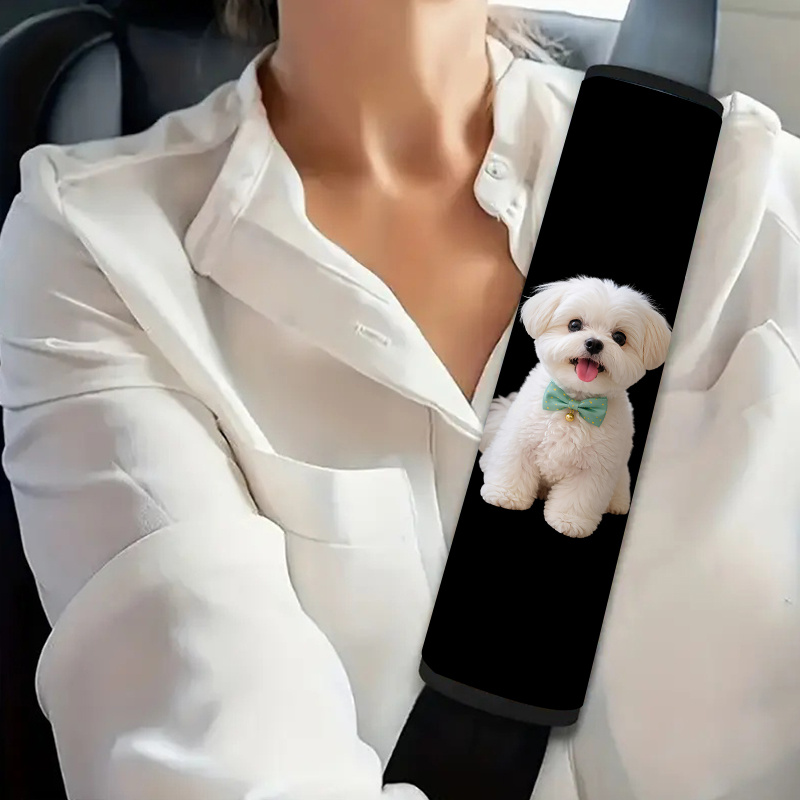 TEMU 1pc Fluffy White Maltese Puppy With Green Polka Dot Bow Tie Car Seat Belt Cover, Style, Seat Belt Padding Straps For All Vehicles, Seat Belt