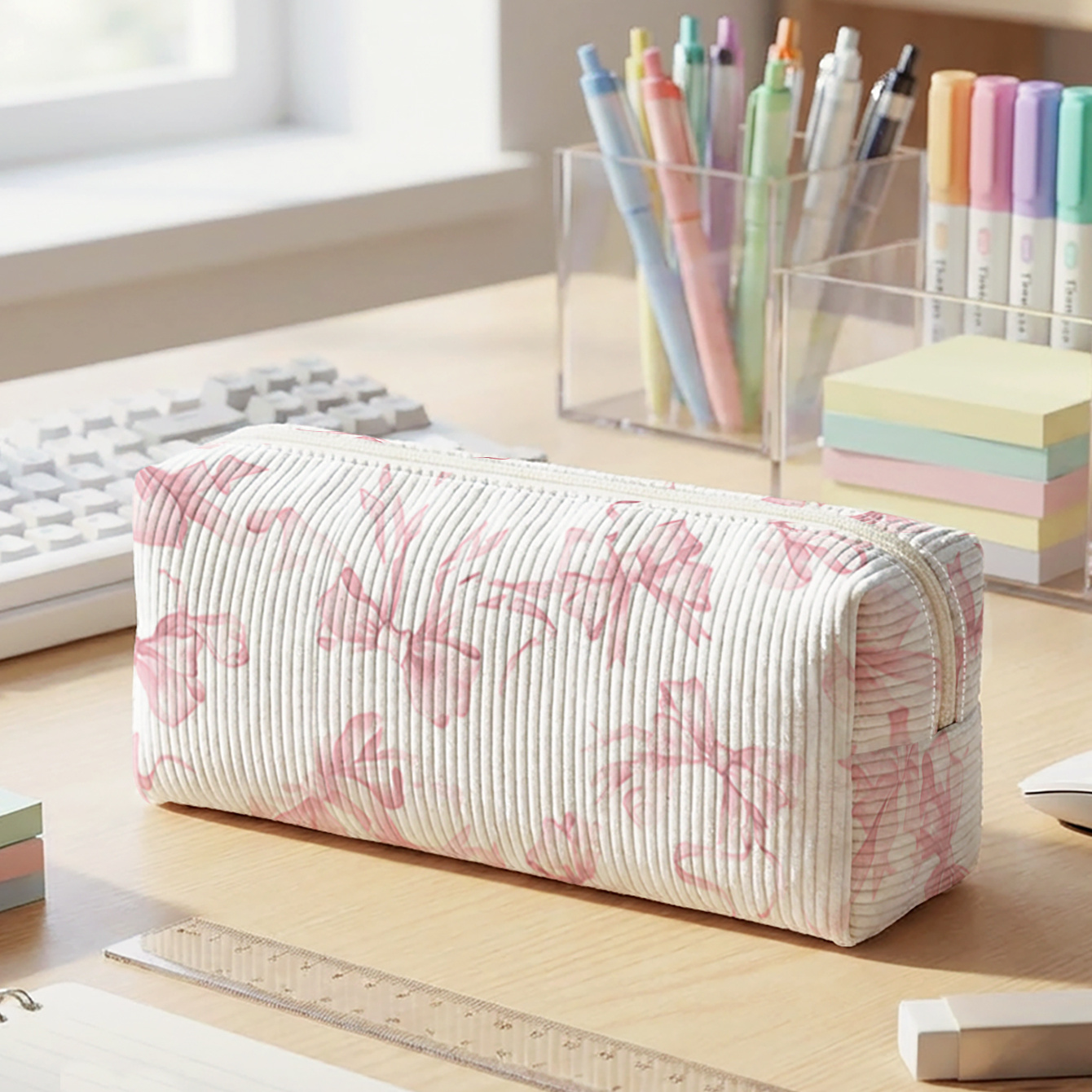TEMU 1 pièce, Trousse à crayons en velours à imprimé nœud rose 2D, Fermeture éclair lisse | Dites au désordre de , Organisez facilement toutes les