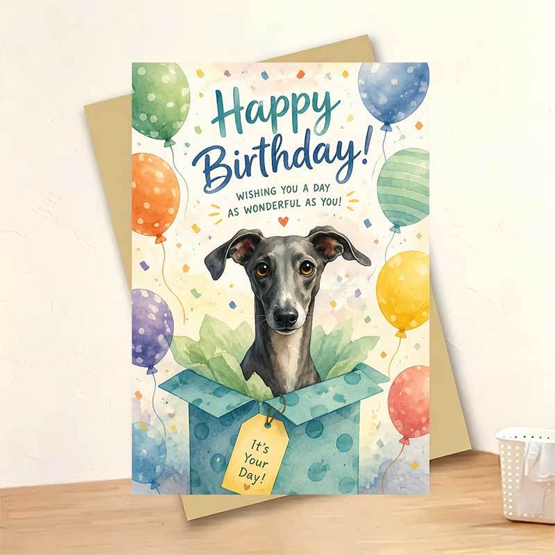 TEMU 1 Greeting Card + 1 Envelope Adorable Festive Birthday Greeting Card, Cute Greyhound Dog Popping Out Of A Gift Box With Balloons "happy Birthday