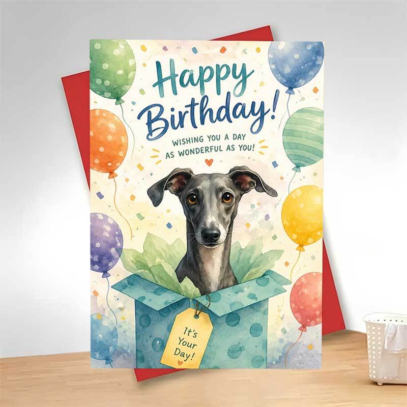 TEMU 1 Greeting Card + 1 Envelope Adorable Festive Birthday Greeting Card, Cute Greyhound Dog Popping Out Of A Gift Box With Balloons "happy Birthday