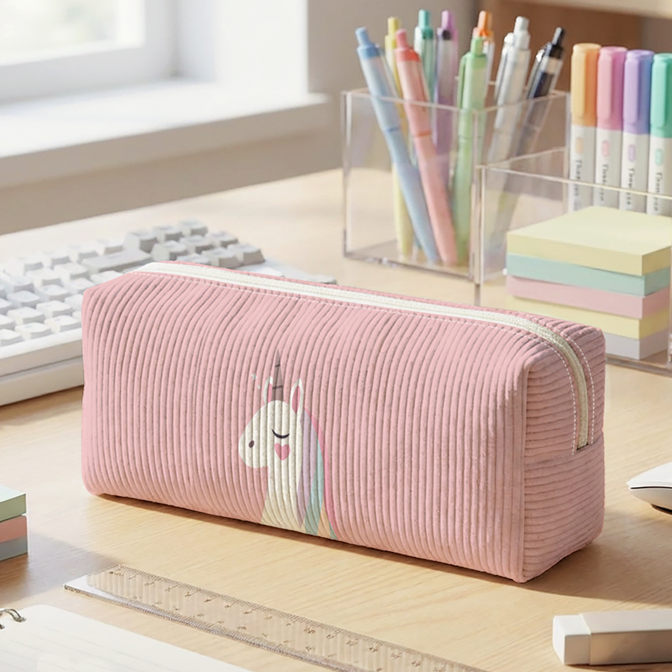 Image of 1pc, Unicorn Pattern | 2d Print, Corduroy Pencil Case, Smooth Zipper | To Cluttered Stationery, Effortlessly Organize Supplies | Must-have For Students