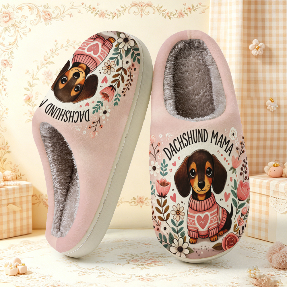 TEMU Women's Fashionable, Elegant, And Minimalist Slippers Featuring A Dachshund In A Sweater With Floral And "dachshund Mama" Text Pattern. Unisex