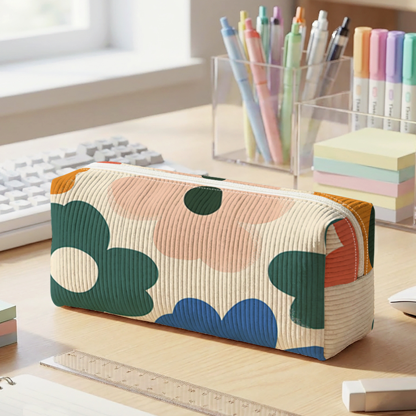 TEMU 1pc, Colorful Flowers | Versatile 2d Printed Corduroy Pencil Case, Smooth Zipper | To Stationery Clutter, Easily School Supplies | A Must-have