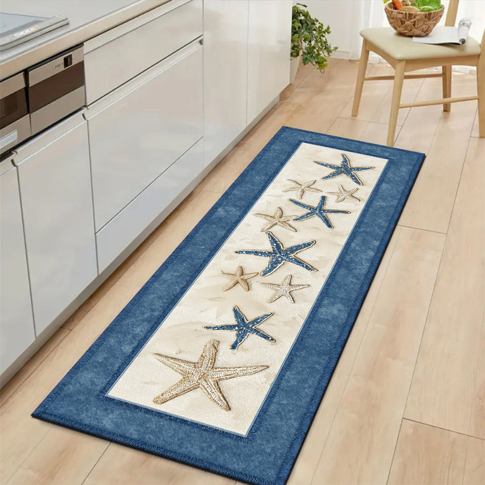 TEMU 2d Flat Printing 1pc Pastoral Style, Blue And White Intercalated Starfish Long Runner Rug | [2d Print And Non-slip Backing] , Machine Washable