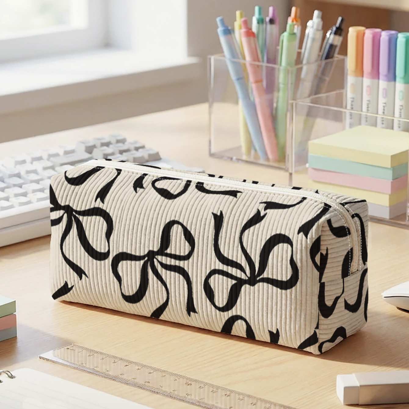 TEMU 1pc, Bow Print Pattern 2d Print, Corduroy Pencil Case, Smooth Zipper | To Cluttered Stationery And Easily Learning Supplies | Must-have For