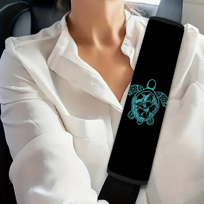 TEMU 1pc Housse de ceinture de sécurité turquoise avec motif de tortue de mer et de fleur d'hibiscus, style tribal hawaïen , sangles d'amortissement