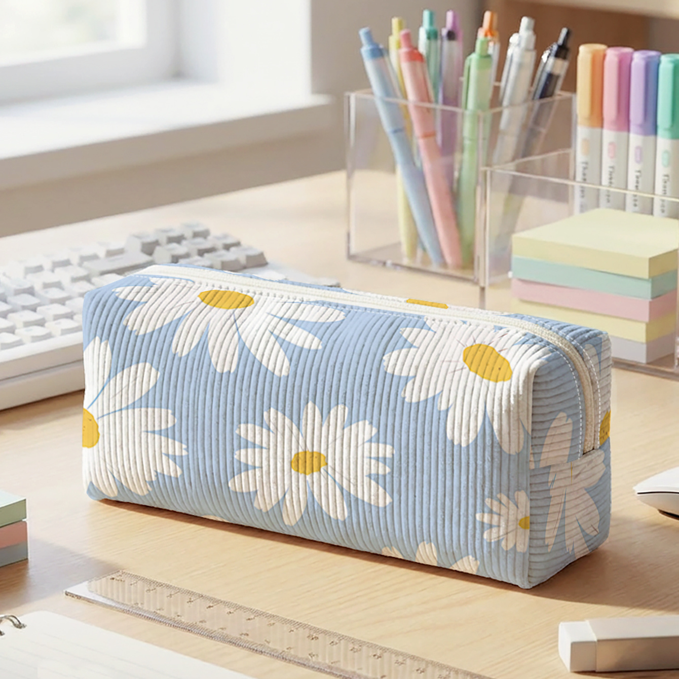 TEMU 1pc, Small Daisy Pattern 2d Printed Corduroy Pencil Case, Smooth Zipper | To Stationery Clutter, Easily Organize Supplies | A Must-have For