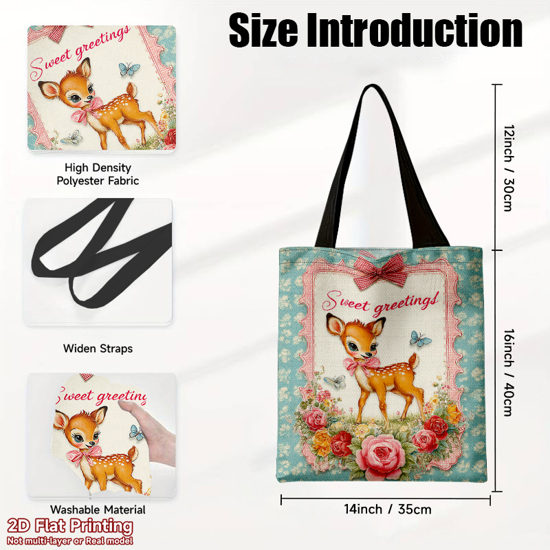 TEMU 1pc 2d Flat Printing Deer With Butterflies Floral Backdrop Tote Bag, Combining Fashion With Function For Daily Commutes And Gym , Printed Bag