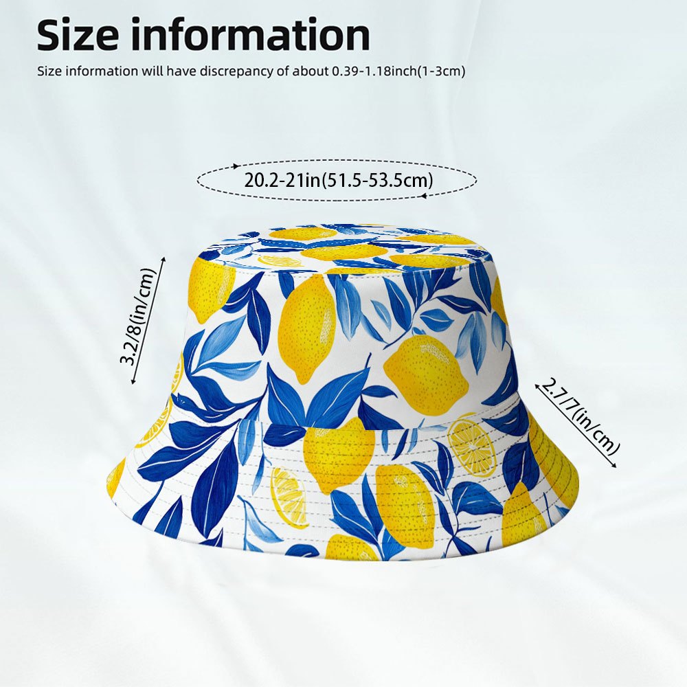 TEMU 2d Flat, 1pc Yellow Lemons And Print Fisherman Bucket Hat, Fashionable Printed Fisherman Cap, Suitable For Tropical Vacations, Beach , Picnic