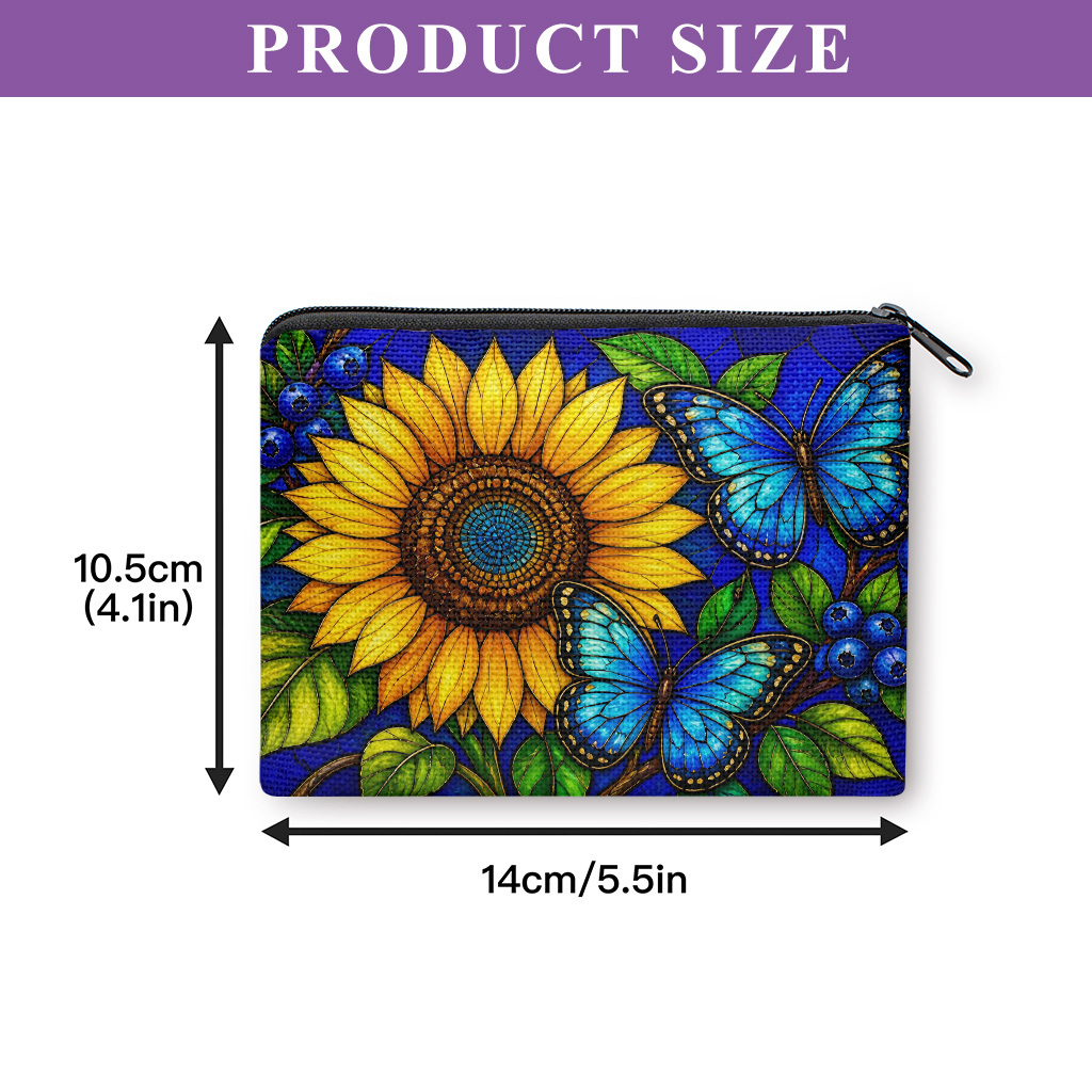 TEMU Coin Purse, Sunflowers And Blue Butterflies Coin Purse, Zipper Closure, Small Portable Key Earphone Storage Bag, Handy Card Holder, Lightweight,