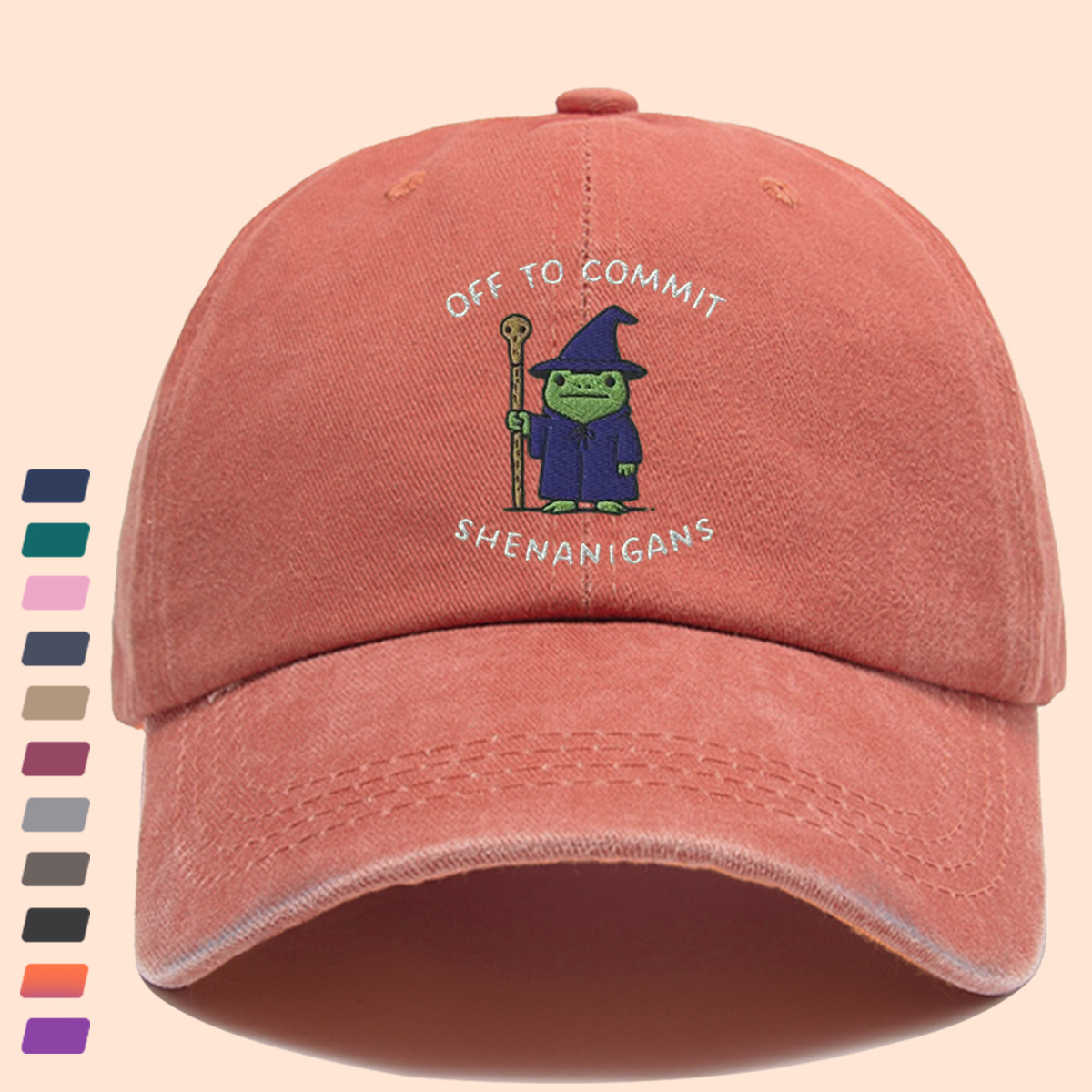 Wizard Frog Baseball Cap with "OFF to COMMIT SHENANIGANS" Text
