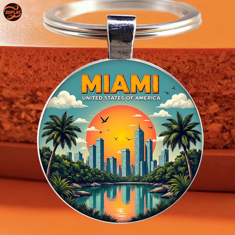 TEMU Portachiavi 1 pz: Citt� tranquillo tramonto - di Miami, colori vivaci, palme. per gli appassionati di viaggi. Una scelta per l'arredamento del