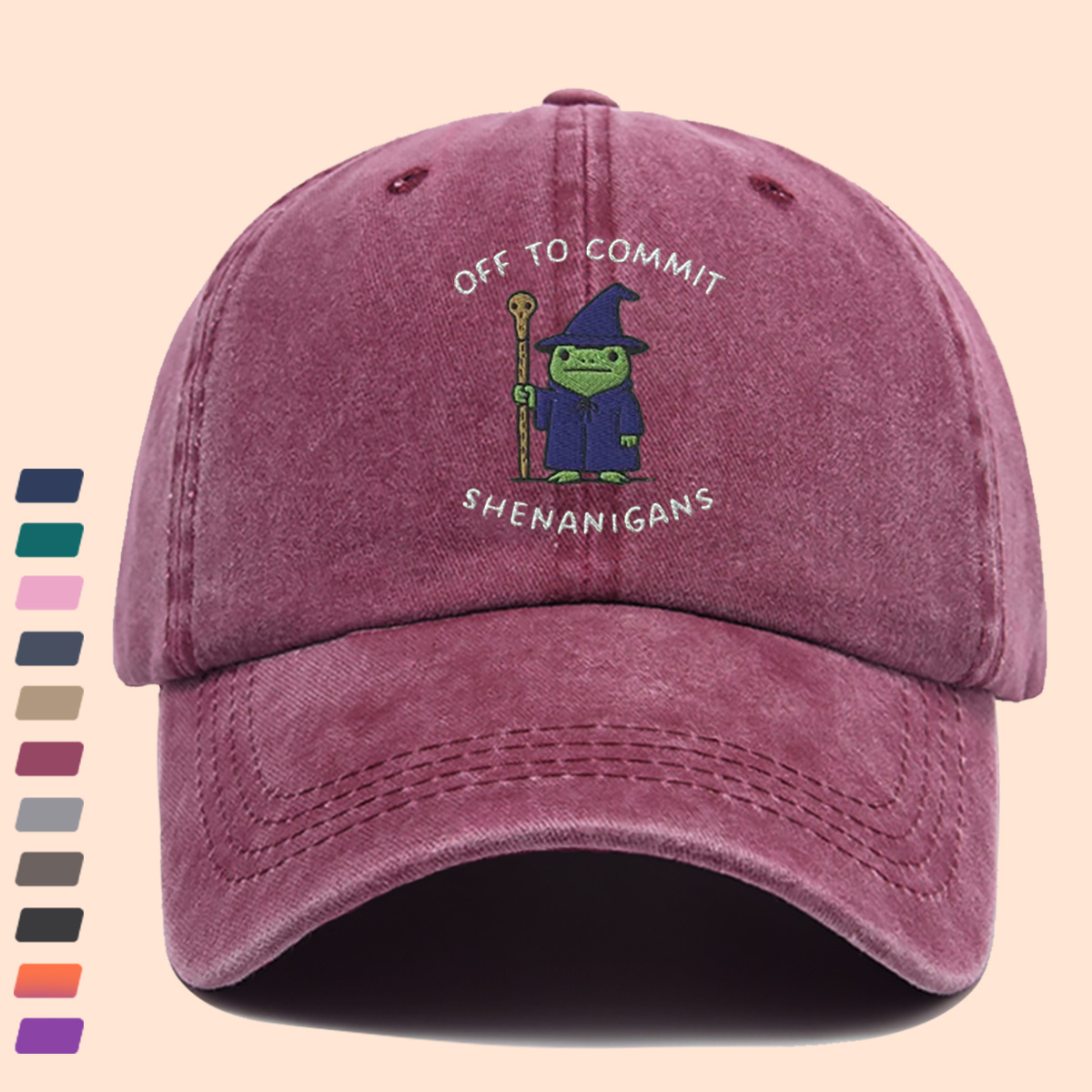 Wizard Frog Baseball Cap with "OFF to COMMIT SHENANIGANS" Text