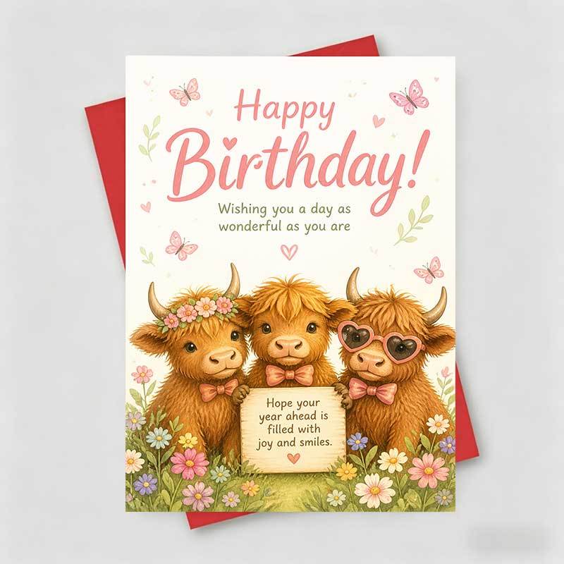 TEMU 1 Greeting Card And 1 Envelope Whimsical Birthday Greeting Card, 3 Highland Cows With Flowers And Hearts, "happy Birthday" And " A Day As