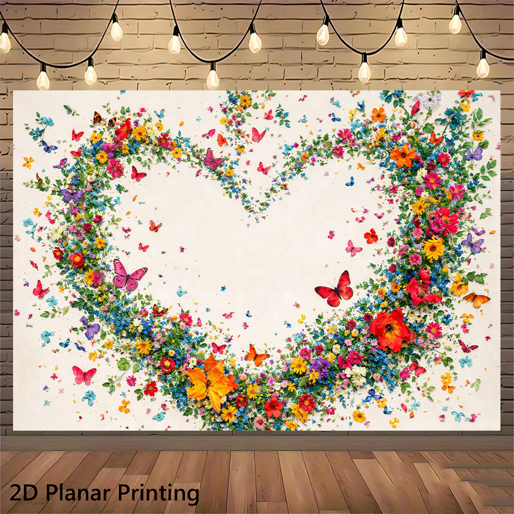 TEMU 2d Flat, 2d Flat - 2d Flat, 2d Flat - 2d Flat Banner 1pc, Flowers Butterflies Surround Heart, Polyester Fiber Party Backdrop, Suitable For