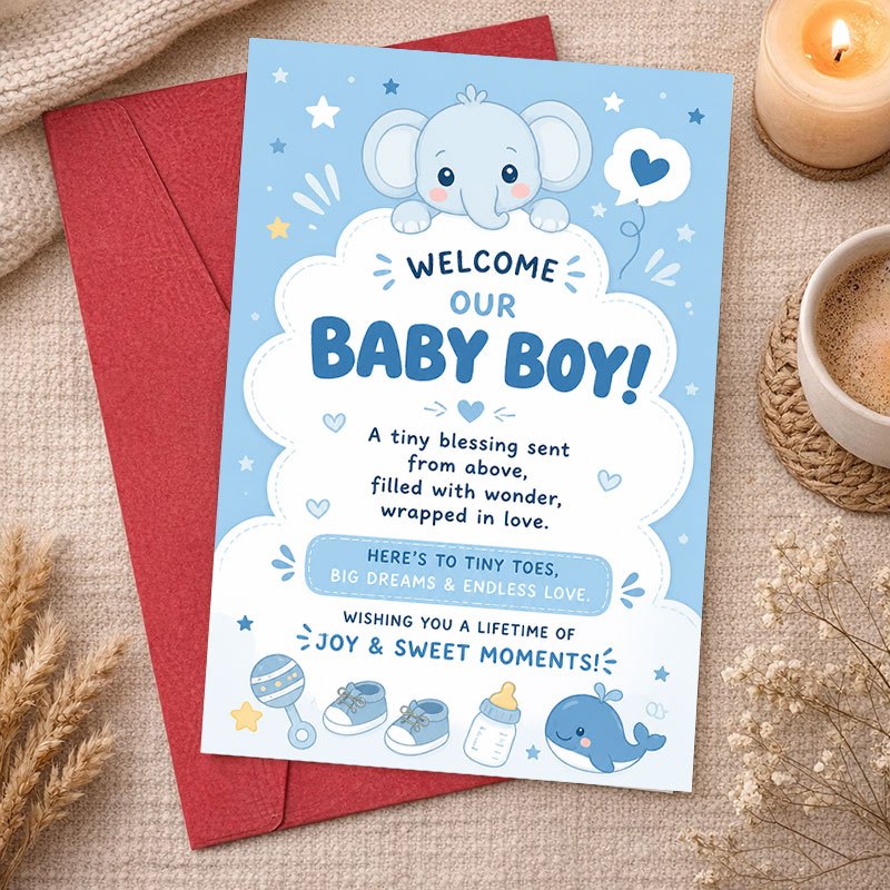 Adorable Blue Elephant Celebration Greeting Card with Envelope