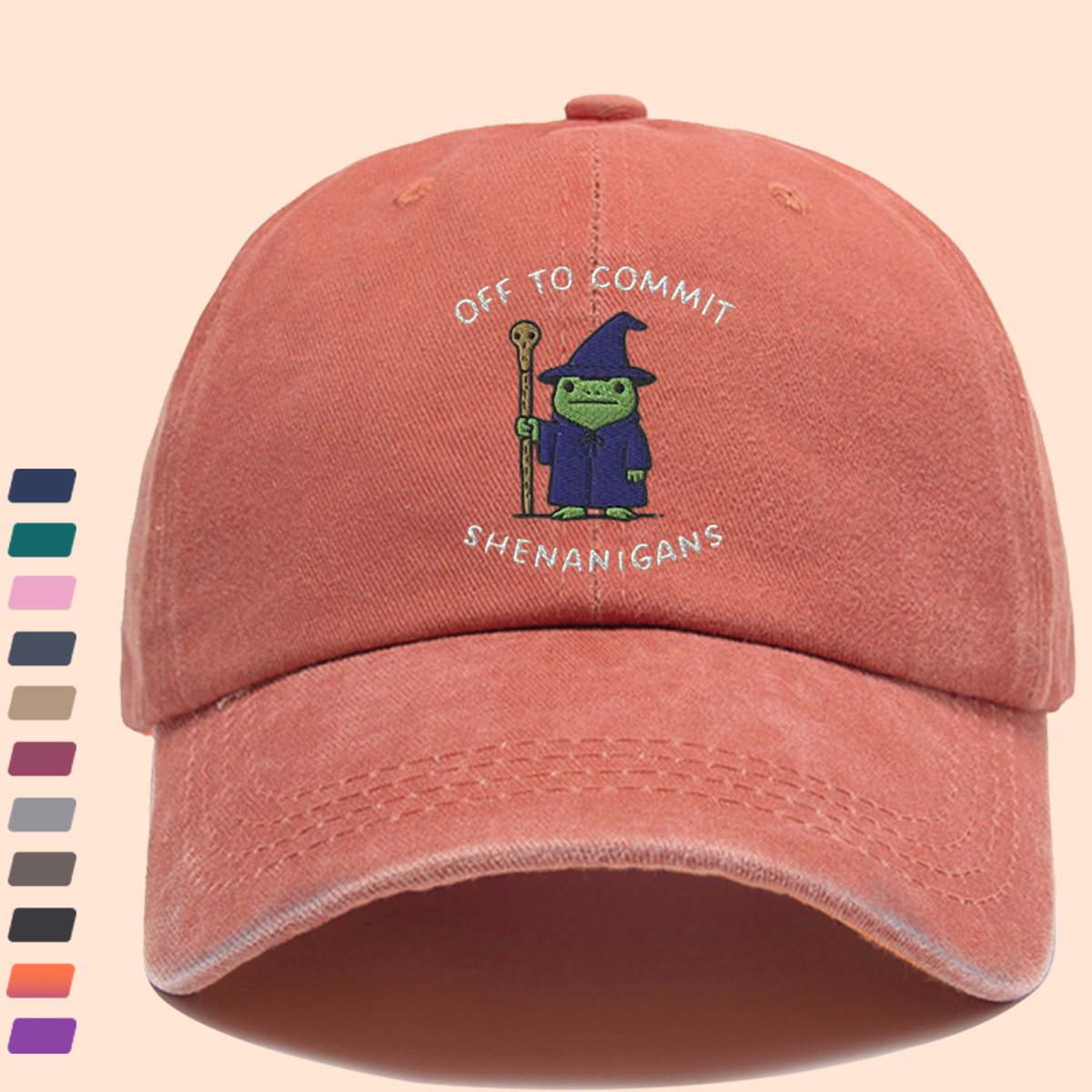 Wizard Frog Baseball Cap with "OFF to COMMIT SHENANIGANS" Text