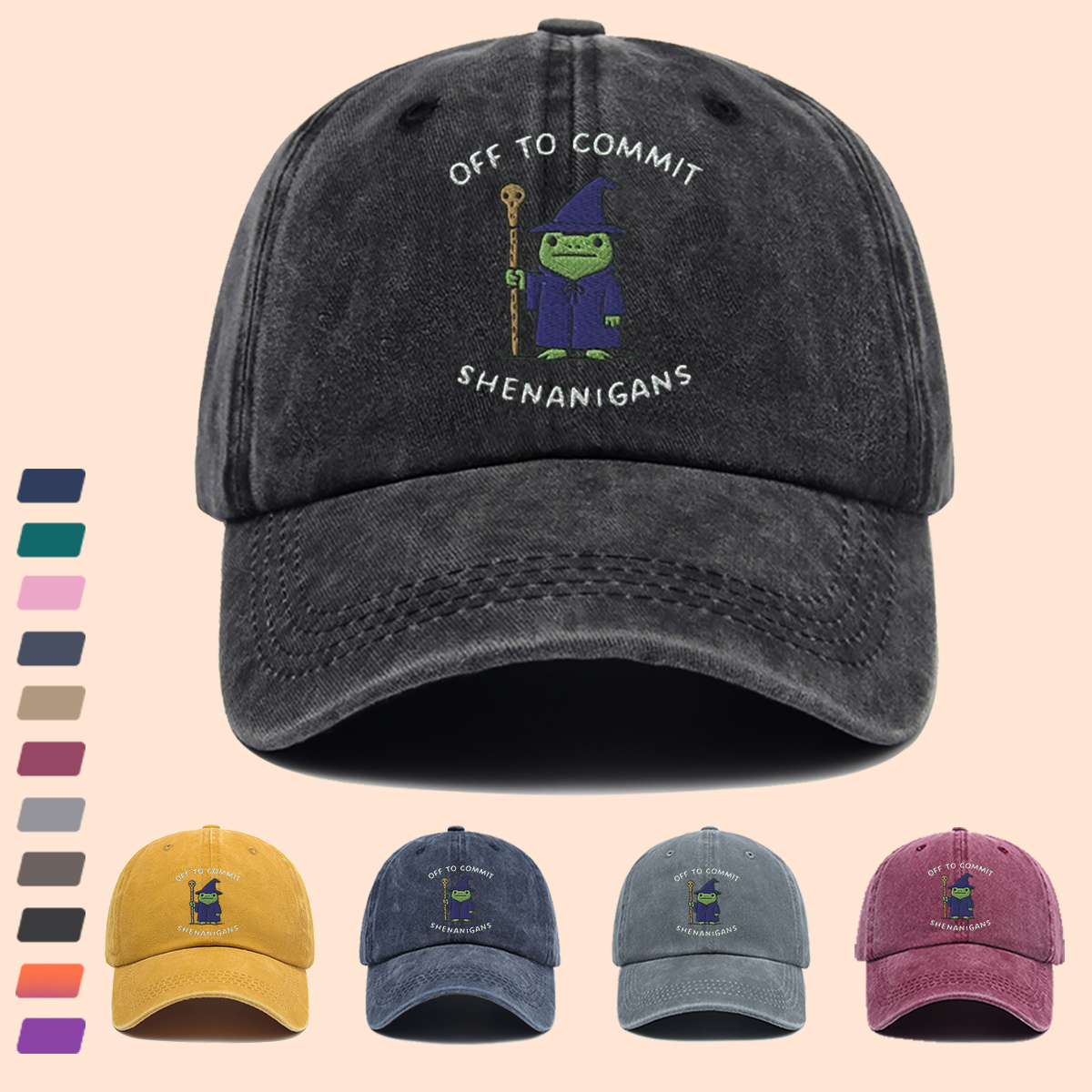 Wizard Frog Baseball Cap with "OFF to COMMIT SHENANIGANS" Text