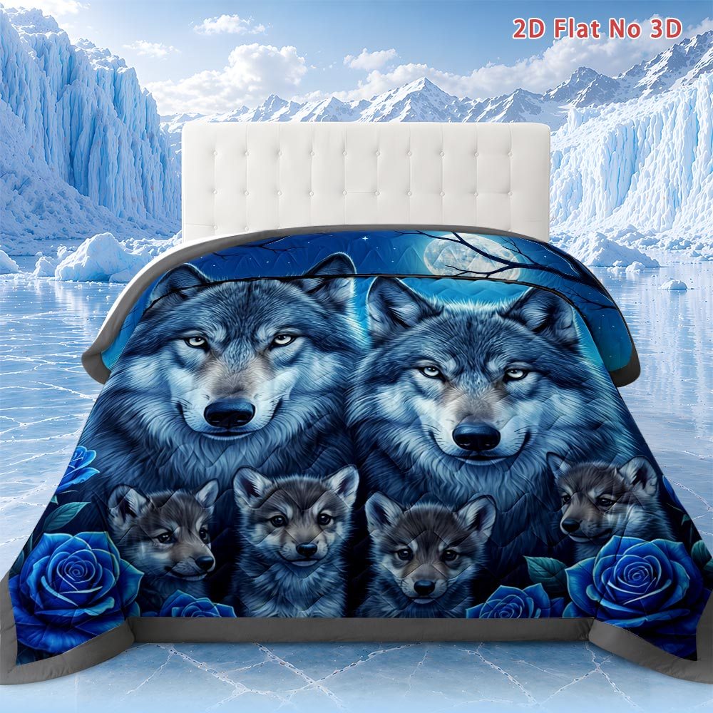 TEMU Latacaca 2d Flat Wolf Family With Blue Roses 1pc Quilt Wolf Themed Quilted Comforter Queen Size All Season Bedding Cooling Blanket For Hot
