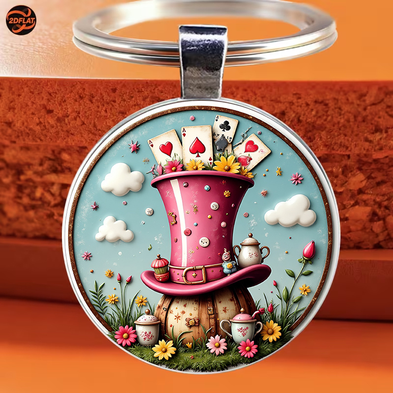 TEMU 1pc Round Keychain: A Whimsical Modern Art. Top Hat And Playing Card Cake Perfect For Fantasy Enthusiasts. An Ideal Decoration For The Living