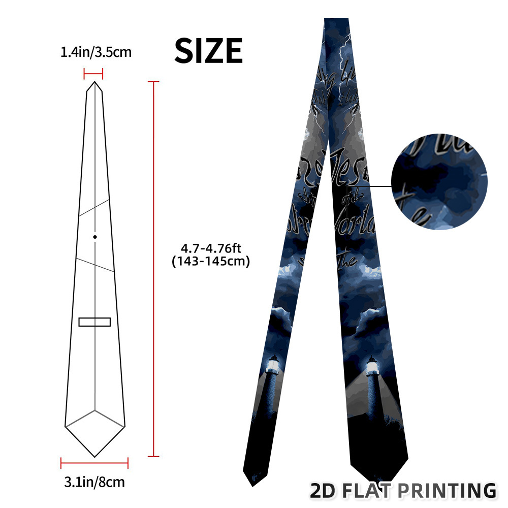 TEMU 1pc Men's Jesus Lighthouse Tie Suitable For Work, Parties, Church Events - Religious Gift For Dad, Machine Washable, Lighthouse & Lightning ,