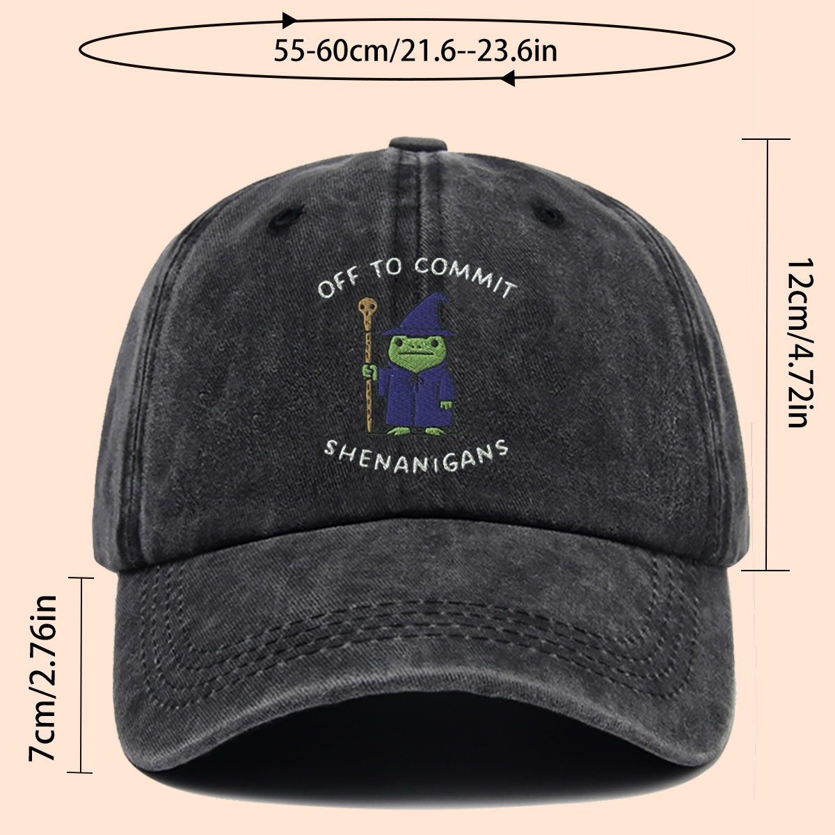 Wizard Frog Baseball Cap with "OFF to COMMIT SHENANIGANS" Text
