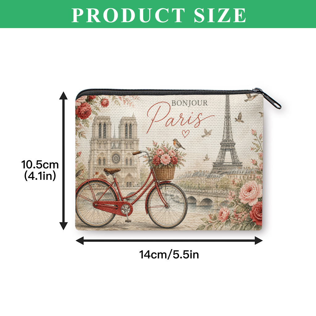 TEMU Paris-themed & Bicycle Print Coin Purse Suitable For , French Zipper Wallet With Card Holder, Compact Portable Key/earphone/coin Storage Bag,